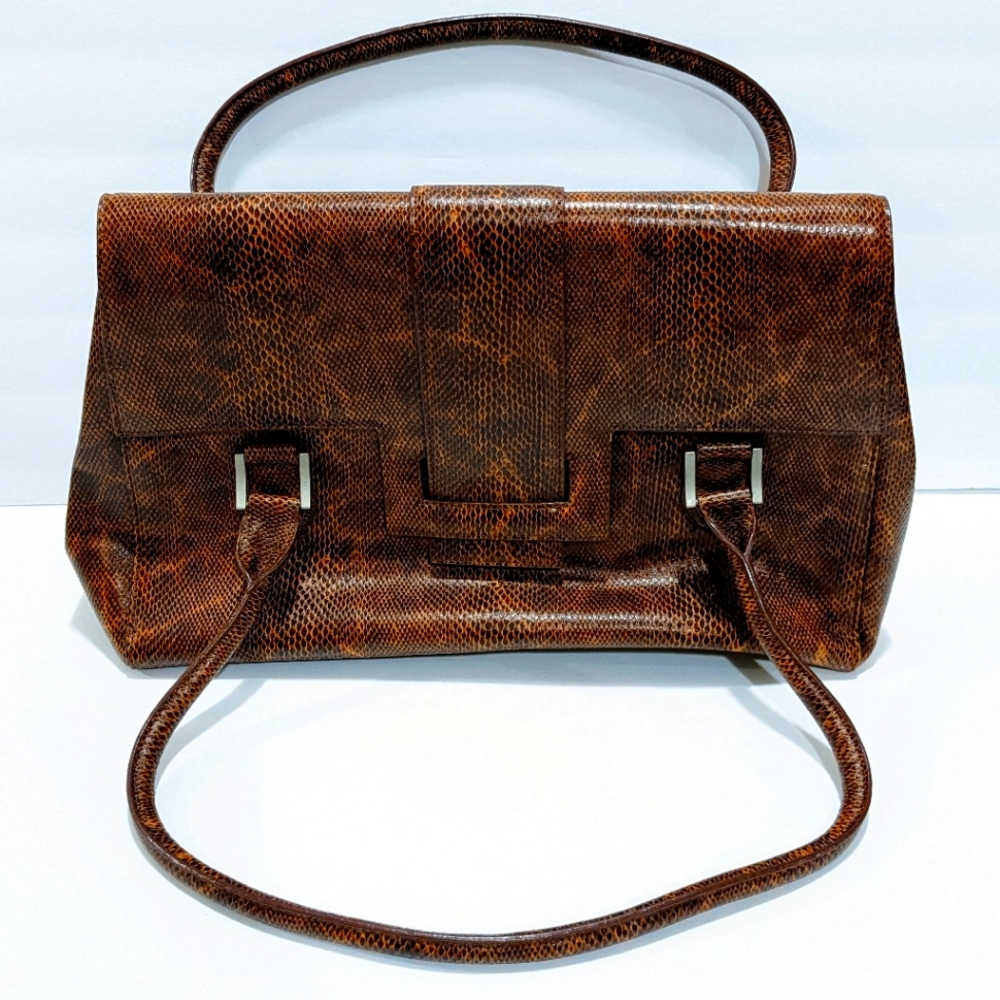 Charlie Lapson Brown Leather Faux Snake Skin Purse Shoulder Bag Laptop Bag Large